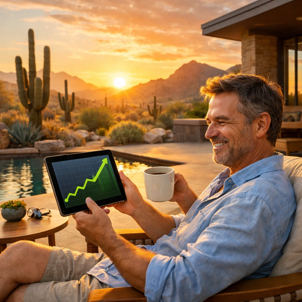 Relaxed Phoenix property owner checking investment growth on a tablet at sunrise.